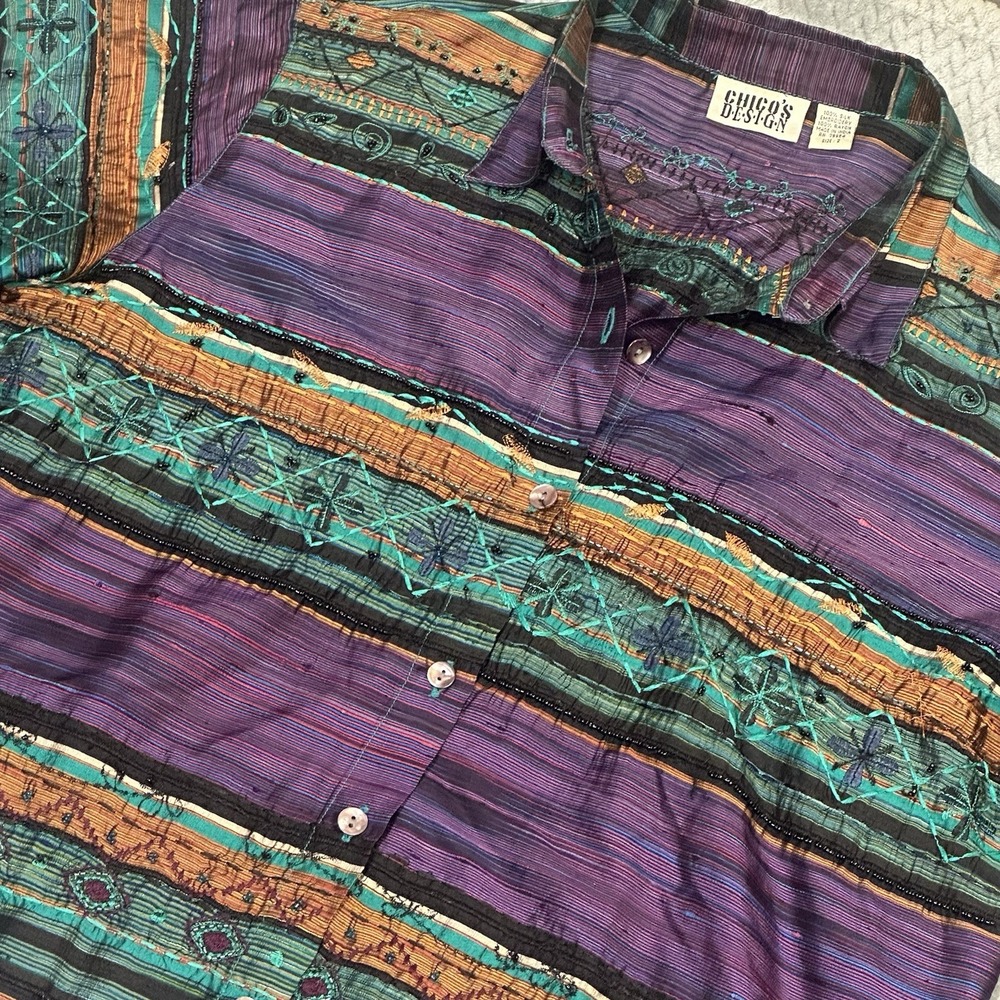 Vintage Chico's Silk Blouse 2 Size Large Colorful Boho Artsy Beaded Embroidered - Picture 4 of 8